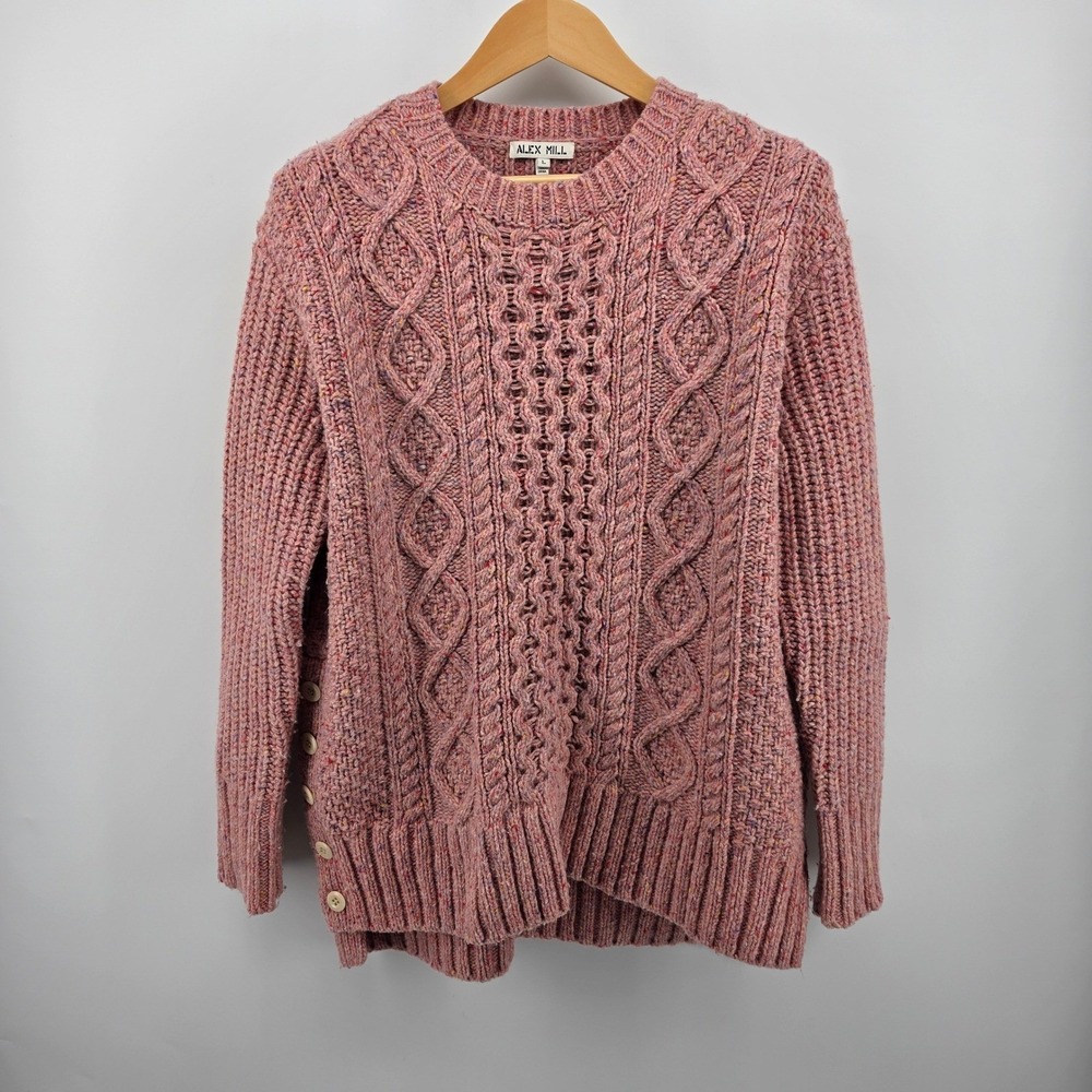 Alex Mill Pink Donegal Tweed Cable Knit Merino Alpaca Button Side Wool Sweater L